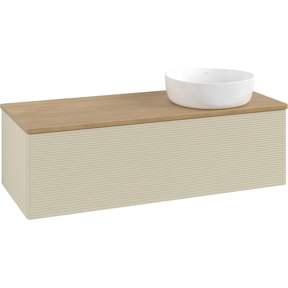 V&B ANTAO SERVANTSKAP 1 SKUFF RILLET 1200X360X500 HØYRE U/KRANHULL M/LYS SILKEGRÅ/EIK v:1554624