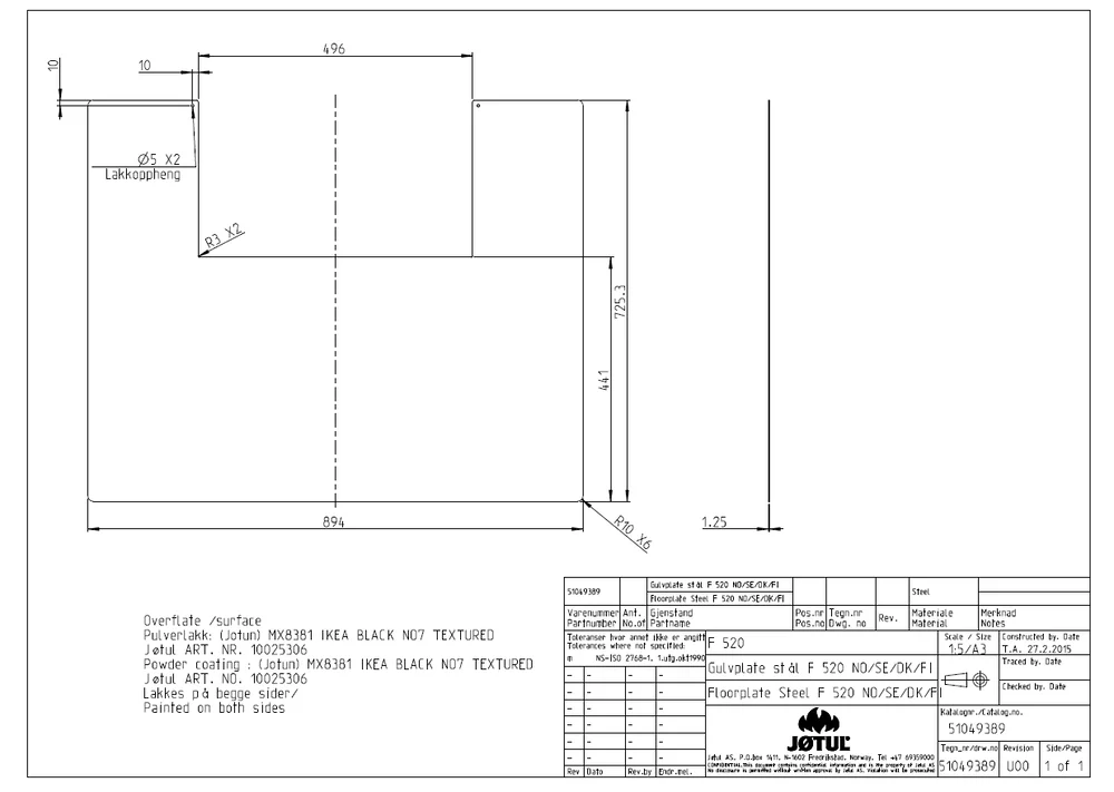 Gulvplate stål sort 725 x 894 mm v:9131049
