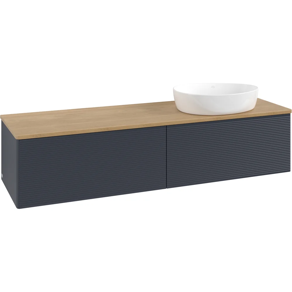 V&B ANTAO SERVANTSKAP 2 SKUFFER RILLET 1600X360X500 HØYRE U/KRANHULL BLÅ/EIK v:7699224