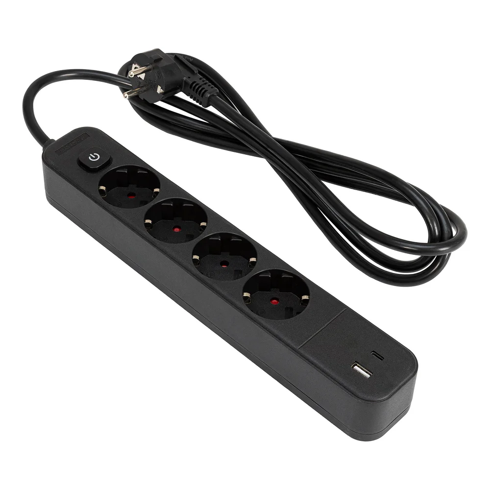 PELA Magnetisk grenkontakt, jordet – 4 × 230 V, USB-A og USB-C, kabellengde 1,8 m, svart v:1622963 PELA Magnetisk grenkontakt, jordet – 4 × 230 V, USB-A og USB-C, kabellengde 1,8 m, svart v:1622963